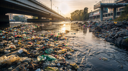 Plastic trash in the river, environment pollution and ecology concept, plastic hazards and waste - obrazy, fototapety, plakaty