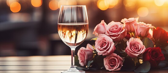 Valentine s Day cafe with floral decor and wine