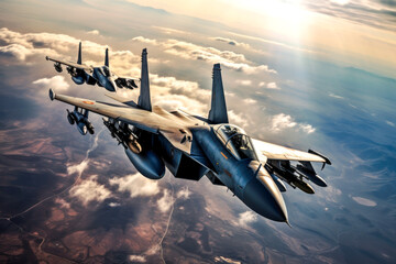 Fighter jets flying in a military combat zone. War zone in the sky - obrazy, fototapety, plakaty
