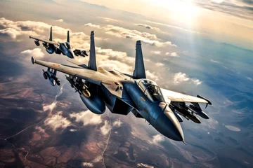Poster Fighter jets flying in a military combat zone. War zone in the sky © MVProductions