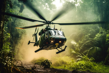 Military helicopter in active combat zone in jungle