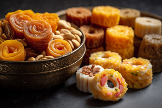 Indian sweets Doda barfi motichur ladu and jaleb, ai generation