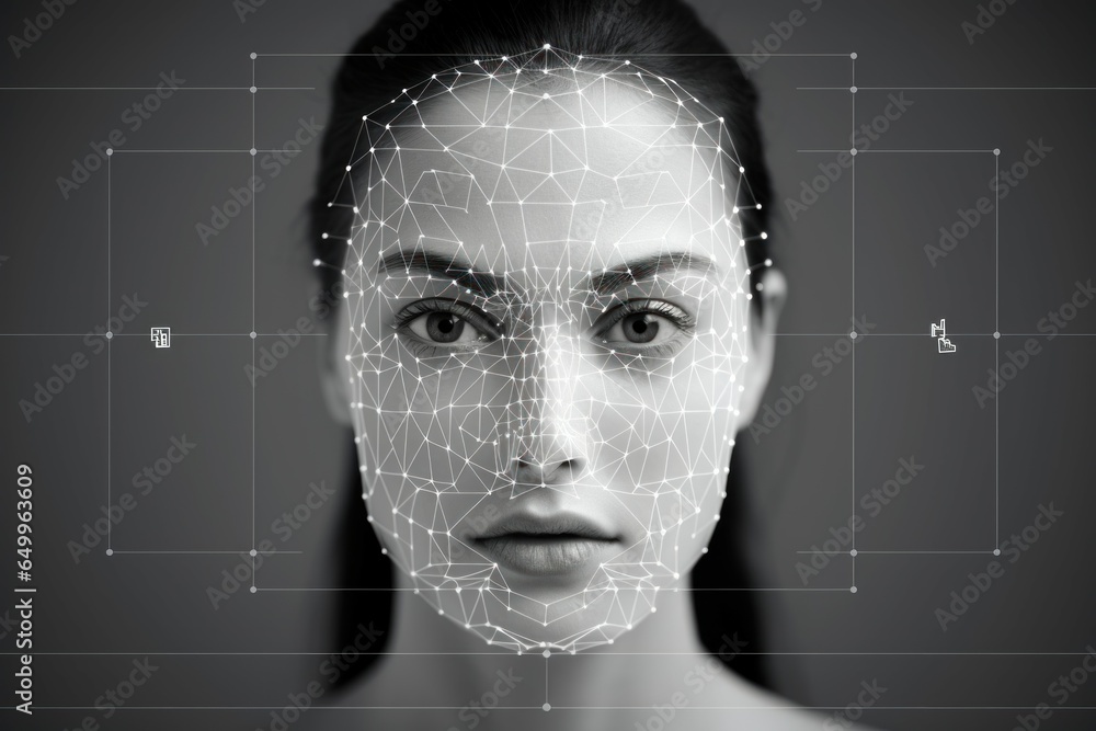 Poster sophisticated face detection analyze. face recognition. fictional person. generate ai