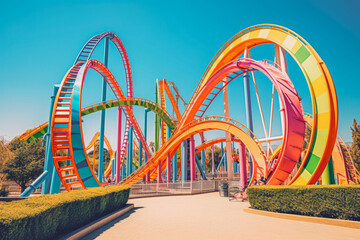 Colorful looping roller coaster ride in theme park on a beautiful sunny summer day, rainbow ride