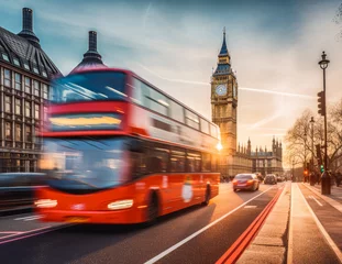 Zelfklevend Fotobehang Shot of London double decker red bus with beautiful city in the background © VisualProduction