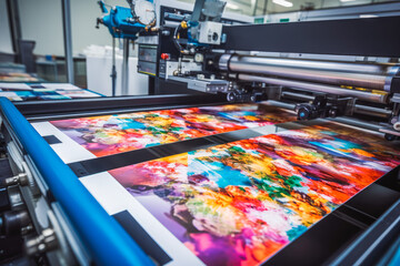 Close up of magazine brochure poster print, colorful flayer printing from machine