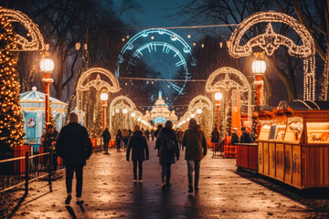 People waking in the London wonderland at night with lights and London eye in the background,...