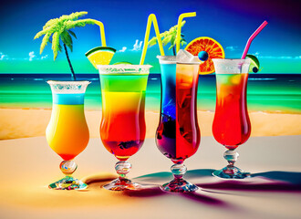 Various Cocktails at a beach of a tropical Island