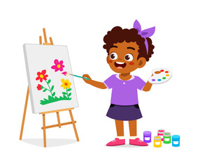 little kid drawing with paint on canvas