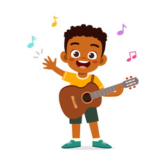 little kid playing guitar and feeling happy
