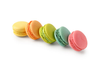 Different tasty sweet macaroons on white background