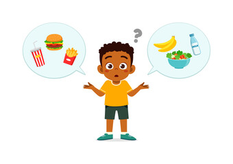little kid choose between healthy food and junk food