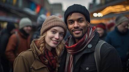Fototapeta premium Portrait of a mixed race couple in the city. Concept of diversity and gloablisation.