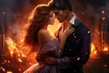 Obrazy na Plexi  Enchanting Fantasy romance novel dance. Couple love. Generate Ai
