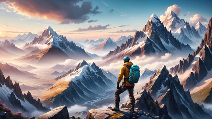 Hiker with backpack on the top of the mountain. Landscape with mountains at sunset. - obrazy, fototapety, plakaty