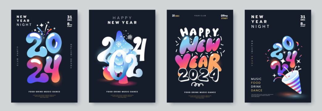 Happy New Year 2024 poster collection with creative typography and illustration. New Year night party invitation design. Concept for banner, flyer, greeting card. Vector illustration.