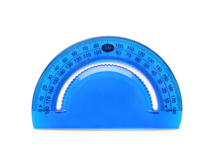 Blue plastic protractor on white background