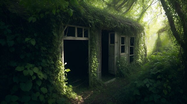 蔦で覆われた家、森の中｜House covered with ivy, in the forest. Generative AI
