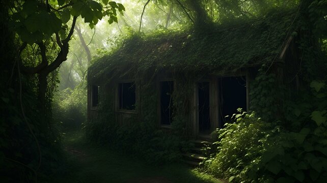蔦で覆われた家、森の中｜House covered with ivy, in the forest. Generative AI