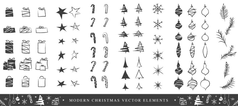 Modern Christmas icons elements Ornaments set, Tree, Stars, Ball, Candy cane, Snow Flake.