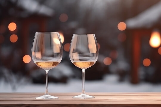 Wine glasses on a wooden table outdoors, blurred snowy winter background. Generative AI