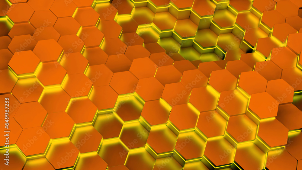 Poster geometric hexagonal block wall moving background. design. waving texture of hexagonal particles.