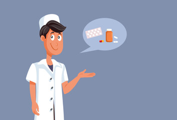 Md Doctor Recommending a Cure Thinking to Write a Prescription Vector Cartoon. Happy general practitioner recommending preventive medication 
