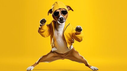 Dance moves. dog, hip hop dancer dancing isolated over yellow background with copy space....