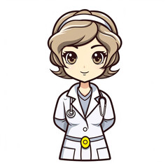 Fototapeta premium Cute smiling cartoon lady doctor with a stethoscope isolated on white background.
