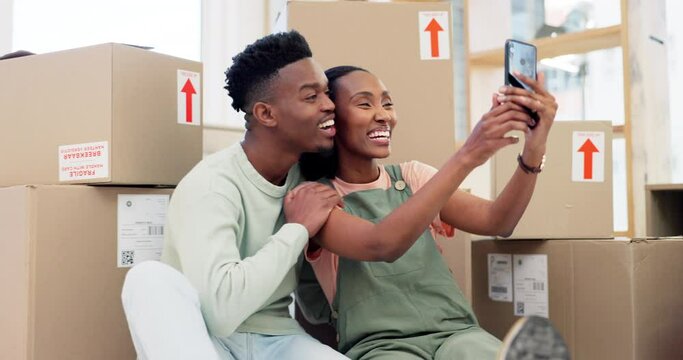 Selfie, new home or happy black couple on social media in living room to celebrate a goal together. Smile, real estate or African people kiss in dream house taking photo or picture to post online
