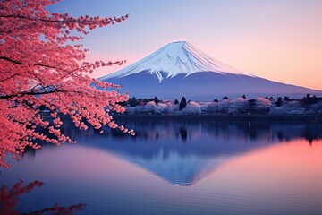 View of Mount Fuji with cherry blossoms and lake in front.