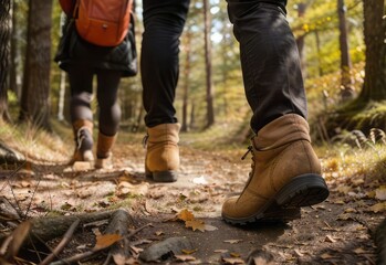 Group of people walks along path in middle of autumn forest. Feet Close up