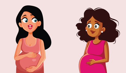 Pregnant Friends Talking to Each other about Pregnancy Vector Cartoon. Happy mothers to be chatting and having fun 
