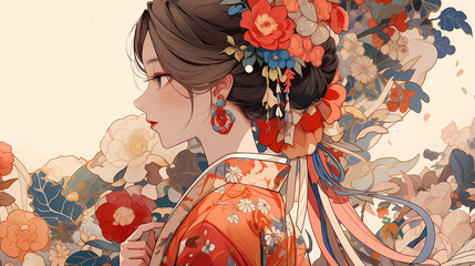 Fototapeta premium Hand drawn cartoon illustration of beautiful oriental palace girl in ancient costume 