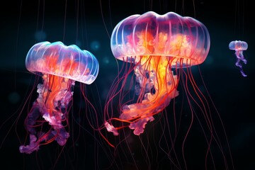 Fototapeta premium Hypnotic Floating neon jellyfish. Water summer light. Generate Ai