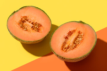 Halves of sweet melon on colorful background