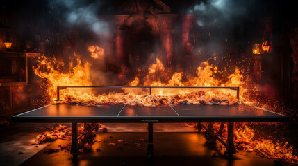 Inferno Table Tennis: Thrilling Ping Pong Match with Flaming Table and Fiery Lights - obrazy, fototapety, plakaty