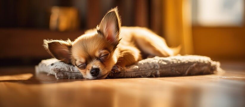 Chihuahua puppy peacefully waits for owner after work bringing happiness every day especially to elderly parents