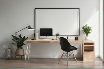Home workplace wooden chair and desk near white wall with blank mockup poster frame Interior design