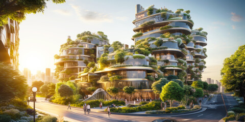Modern city, urban landscape of green buildings with vertical forest