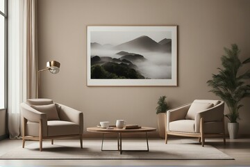 Lounge chairs and round wooden coffee table against of beige wall with mock up poster frames