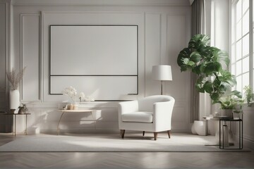 Fototapeta na wymiar White armchair and poster on the wall Interior design of modern neoclassical living room
