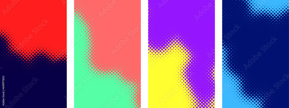 Poster set of colorful rounded gradient halftone dots backgrounds with space for text.