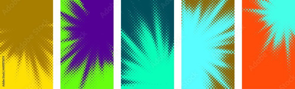 Poster set of colorful sunny rays gradient halftone dots backgrounds with space for text.
