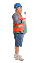 Portrait of senior man in hardhat with wrench isolated on white background. Labor Day celebration