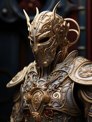 Fototapeta na wymiar Epic knight in fantasy style in mask and armor with golden patterns. AI