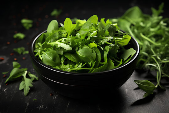 Mix Salad Leaves in a Black Bowl - Stock Image