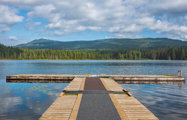 Mole, pier on the lake. Wooden bridge in forest in summer time with blue lake. Lake for fishing with pier.