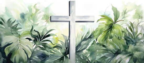 Christianity cross in white on green palm leaf background Illustration for Easter church Christian cards