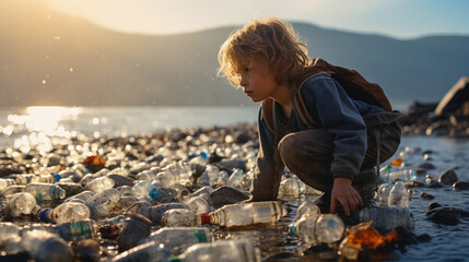 little boy collecting garbage and bottles from the beach and the sea contaminated with plastic bottles that damage the ecosystem and natural conservation - obrazy, fototapety, plakaty